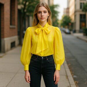 Style Rite Candy Yellow Balloon Sleeve Sheer Blouse w Neck Tie M